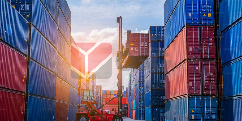 Forklift maneuvering containers in a colorful shipping yard.