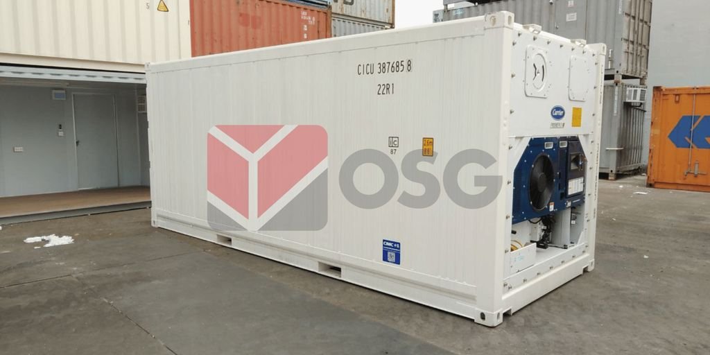 Container on shipping yard, surrounded by other containers.