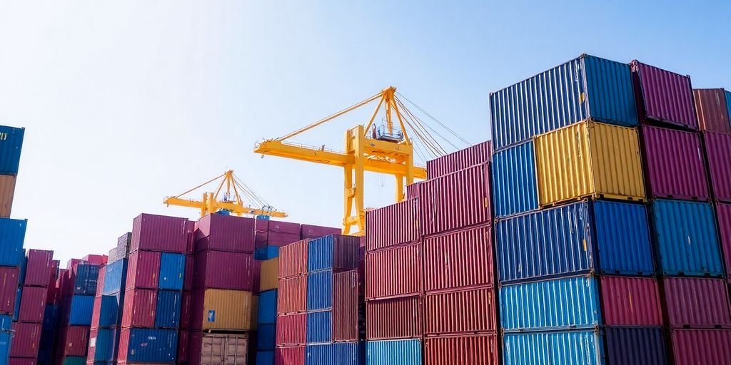Stack of shipping containers and a port crane.