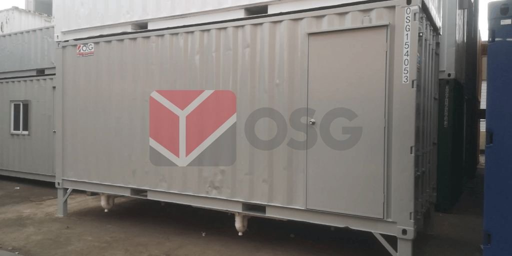 Image shows a shipping container with a door and logo.