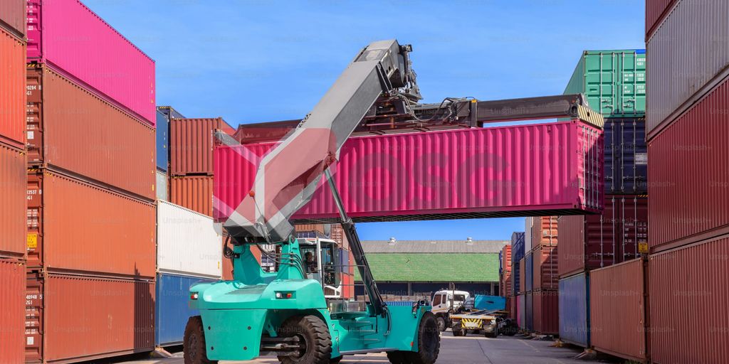Forklift maneuvering a colorful shipping container between stacked containers.
