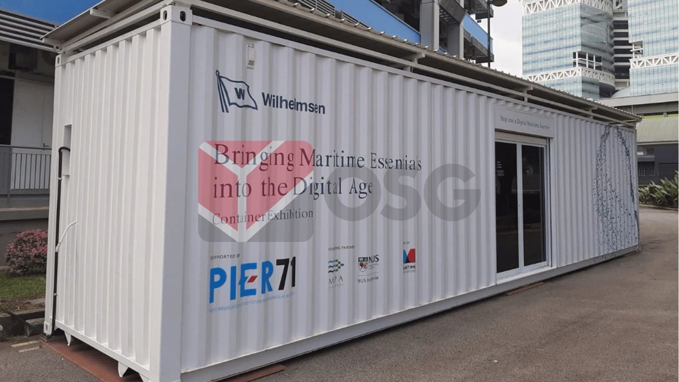 A shipping container exhibition promoting maritime digital solutions.