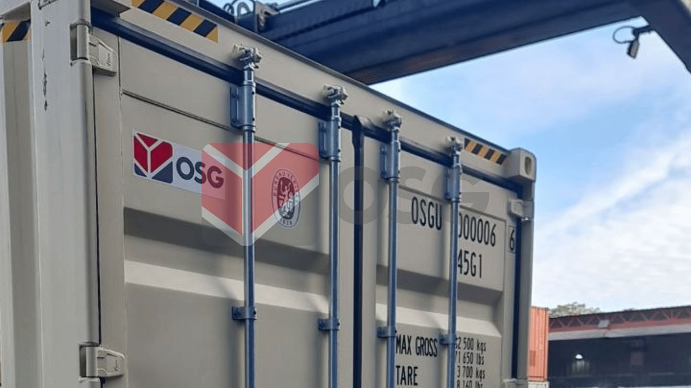 Shipping container with logos and details on its side.