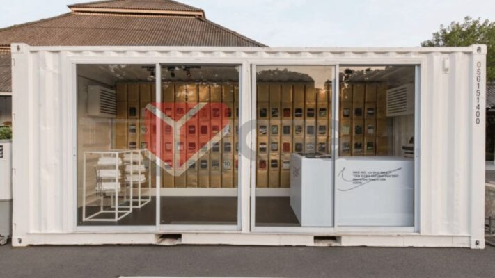 Container shop showcasing various packaged products inside.