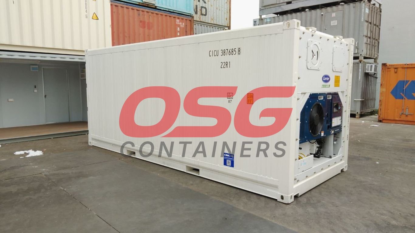 White refrigerated shipping container with OSG Containers logo.