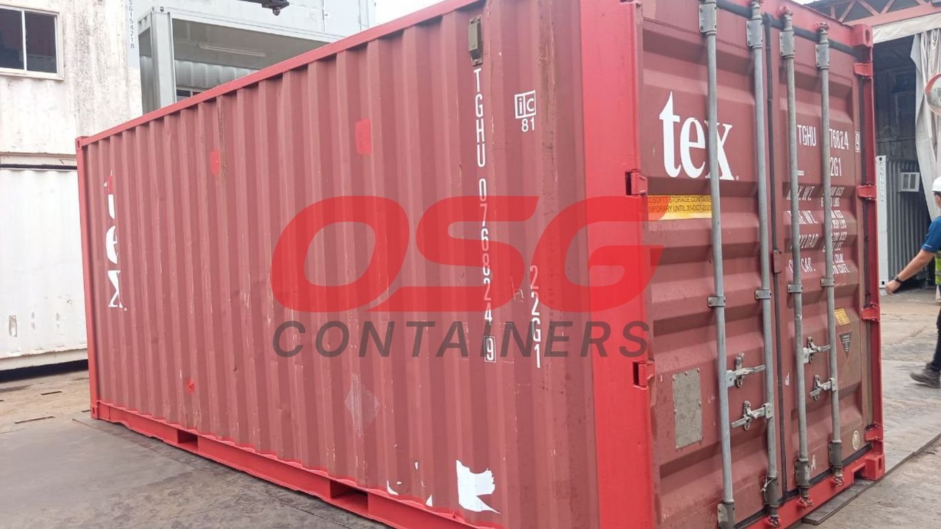 A red shipping container with the OSG Containers logo.