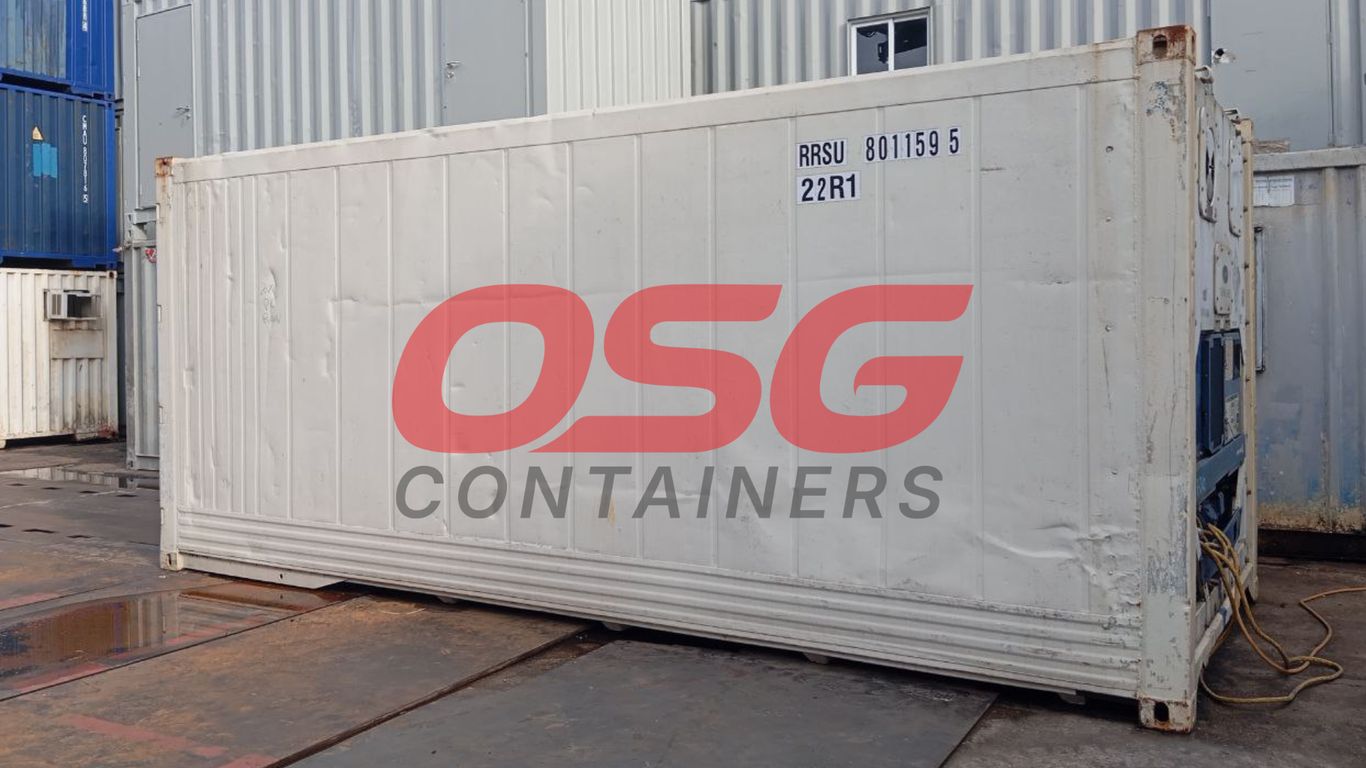 White refrigerated shipping container with OSG logo and text.