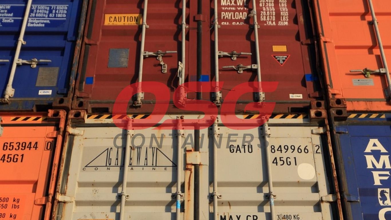 Stacked shipping containers in various colors at a port.