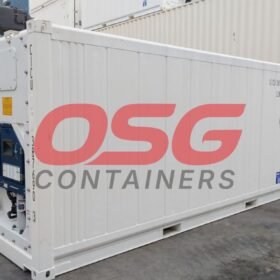 A white refrigerated shipping container with a Carrier unit.