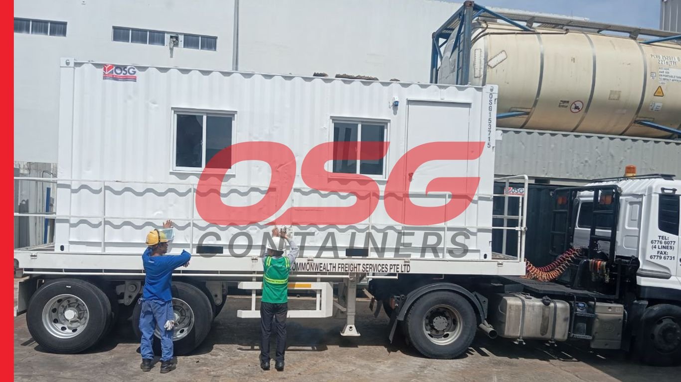 White container office on a truck with workers.