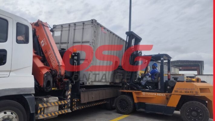 Forklift and crane loading a shipping container onto a truck.
