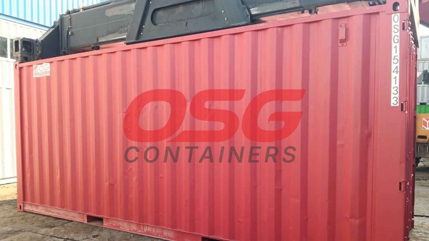 A red shipping container with the OSG logo and text.