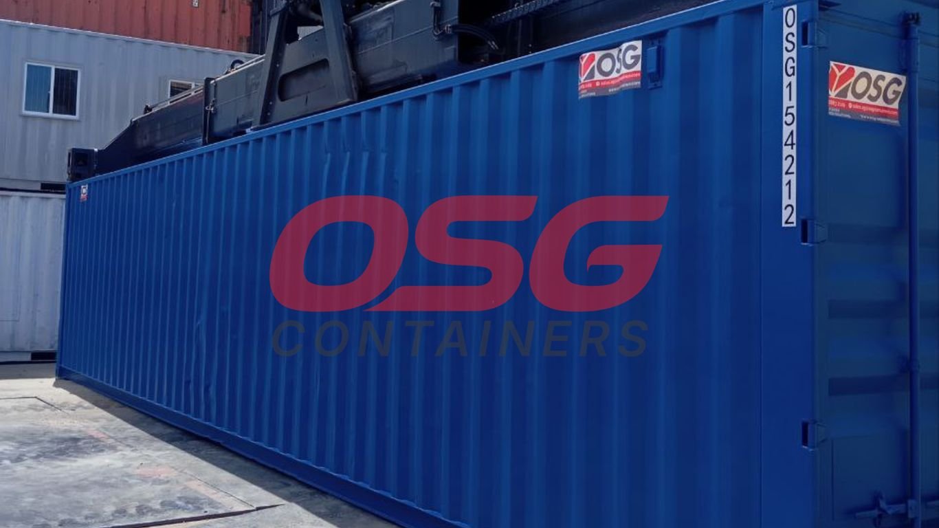 A blue shipping container with OSG logo and text.