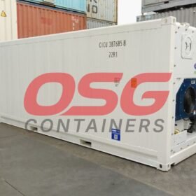 White refrigerated shipping container with OSG Containers logo.
