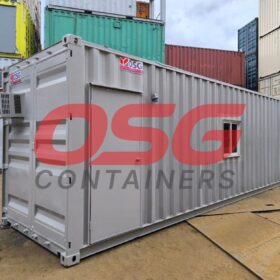 Stacked shipping containers converted into modular buildings.