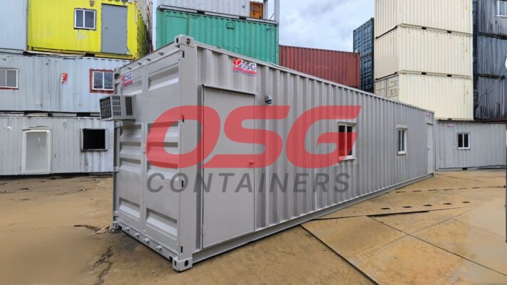 Stacked shipping containers converted into modular buildings.