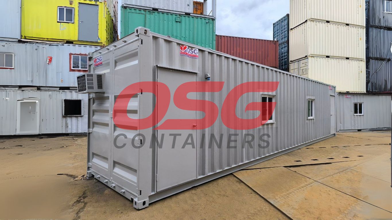 Stacked shipping containers converted into modular buildings.