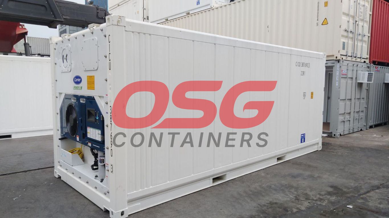 A white refrigerated shipping container with a Carrier unit.