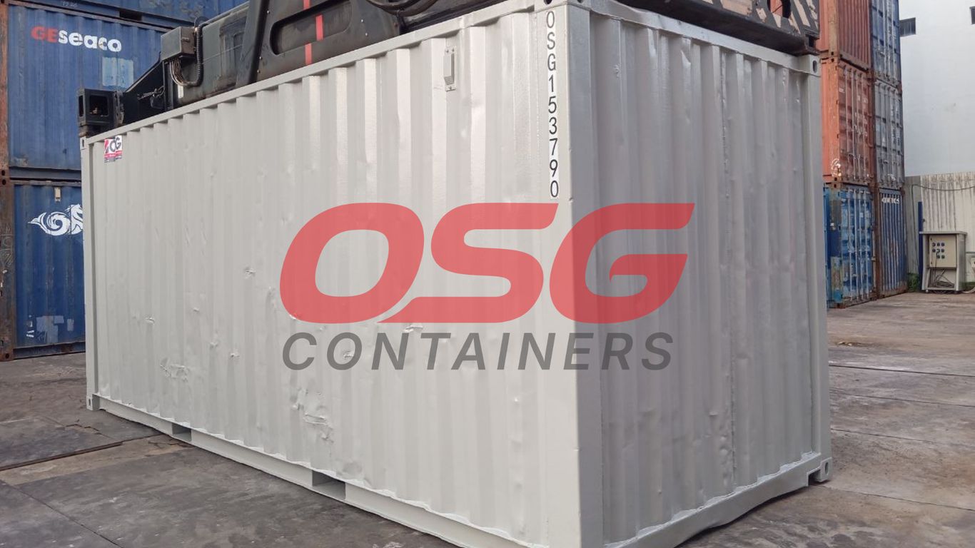 A light gray shipping container with OSG Containers logo.