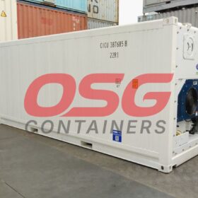 White refrigerated shipping container with OSG Containers logo.