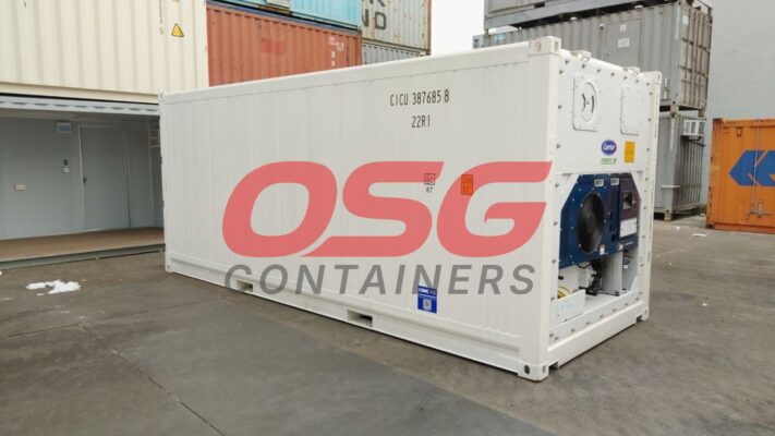 White refrigerated shipping container with OSG Containers logo.