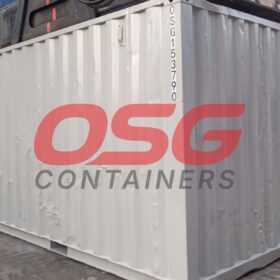 A light gray shipping container with OSG Containers logo.