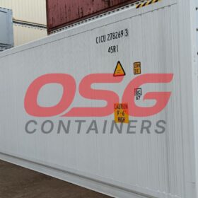 A white refrigerated shipping container with OSG Containers logo.