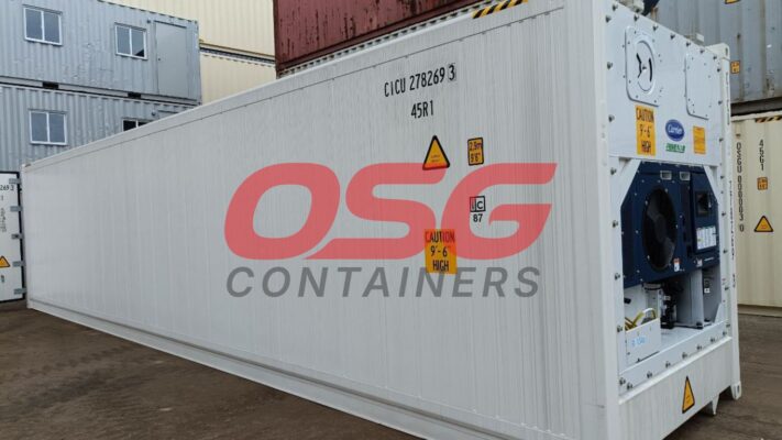 A white refrigerated shipping container with OSG Containers logo.