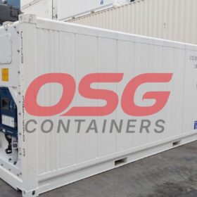 A white refrigerated shipping container with a Carrier unit.