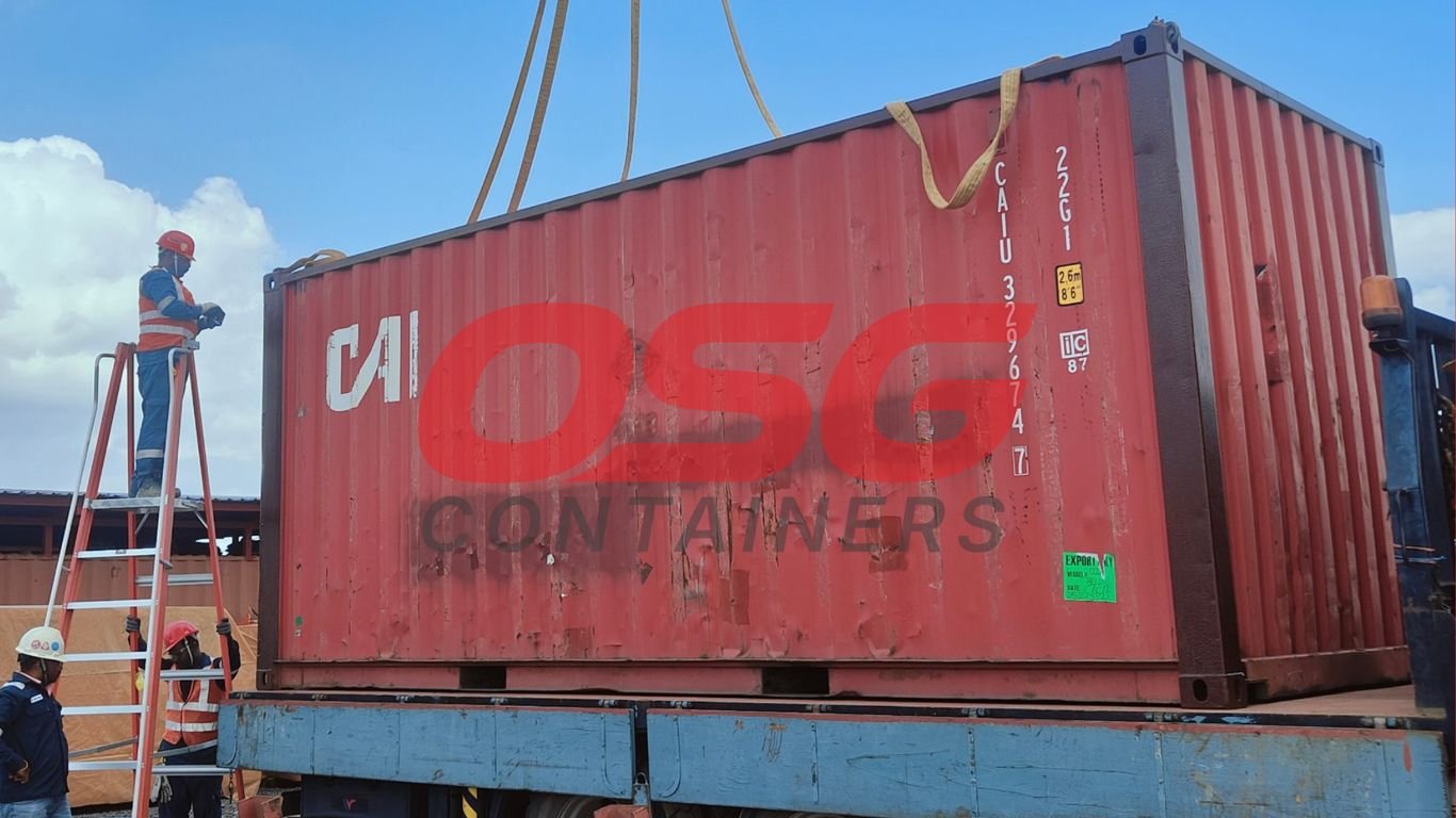 A red shipping container is being loaded onto a truck.