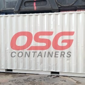 A white shipping container with OSG Containers logo.