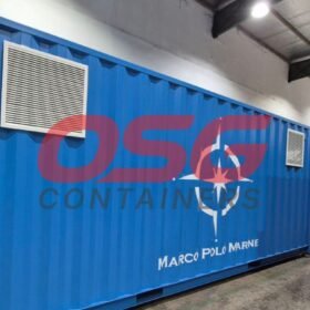 Blue shipping container with ventilation units and company logo.