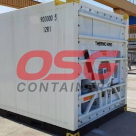 White Thermo King refrigerated shipping container in an outdoor lot.