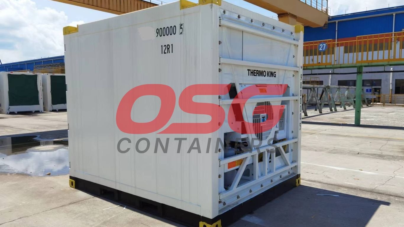 White Thermo King refrigerated shipping container in an outdoor lot.