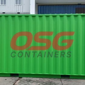 A bright green shipping container with the OSG Containers logo.