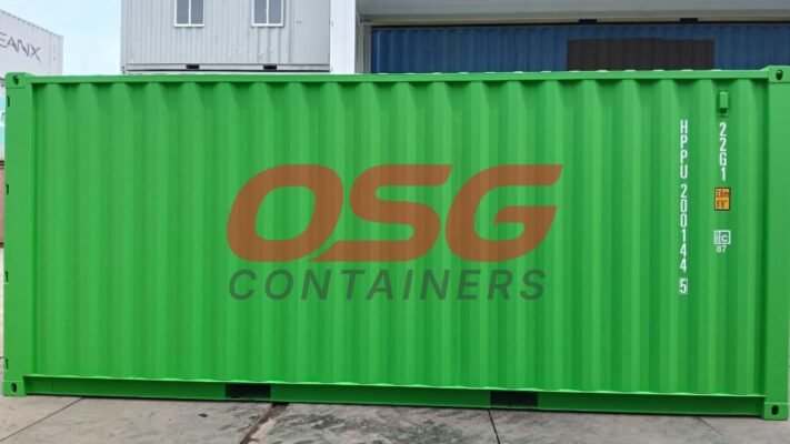 A bright green shipping container with the OSG Containers logo.