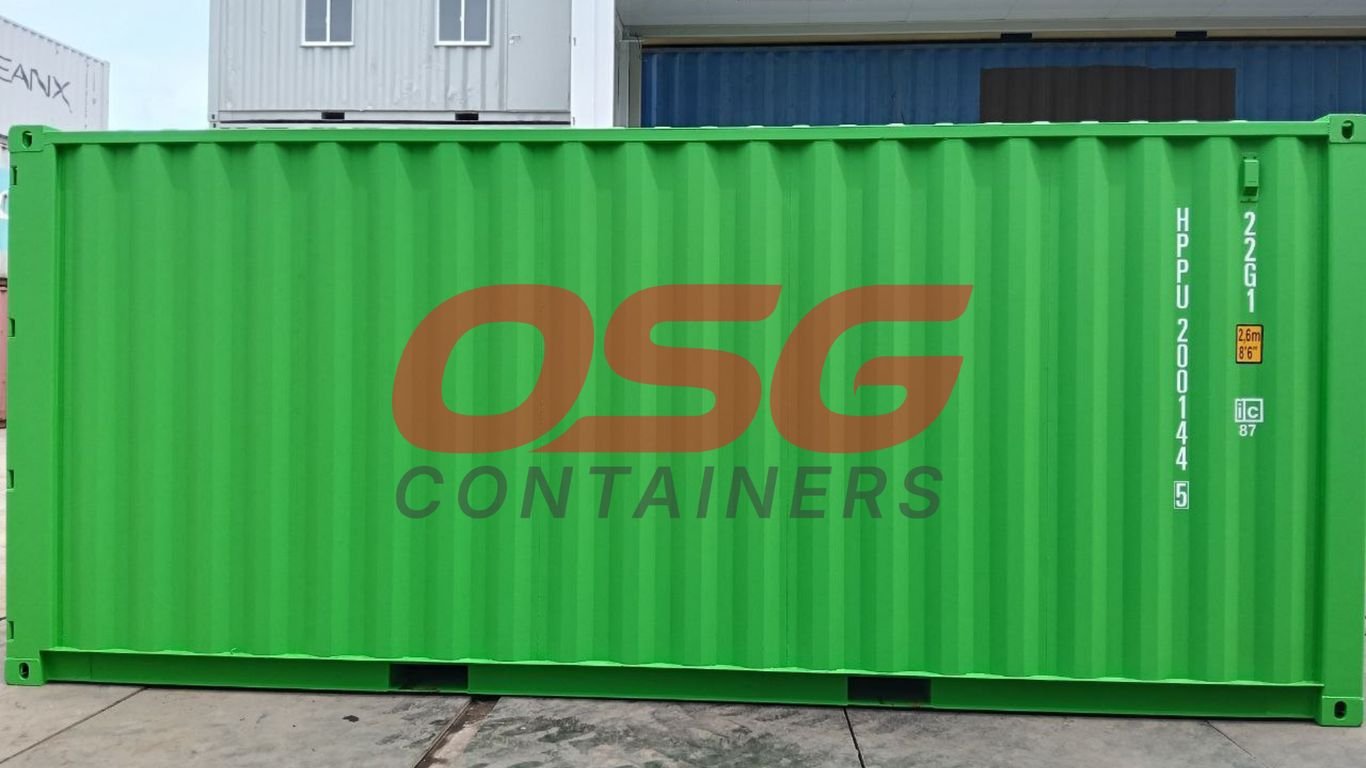 A bright green shipping container with the OSG Containers logo.