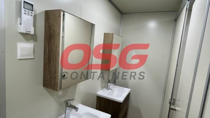 Modern bathroom with two sinks, mirror, and remote control.
