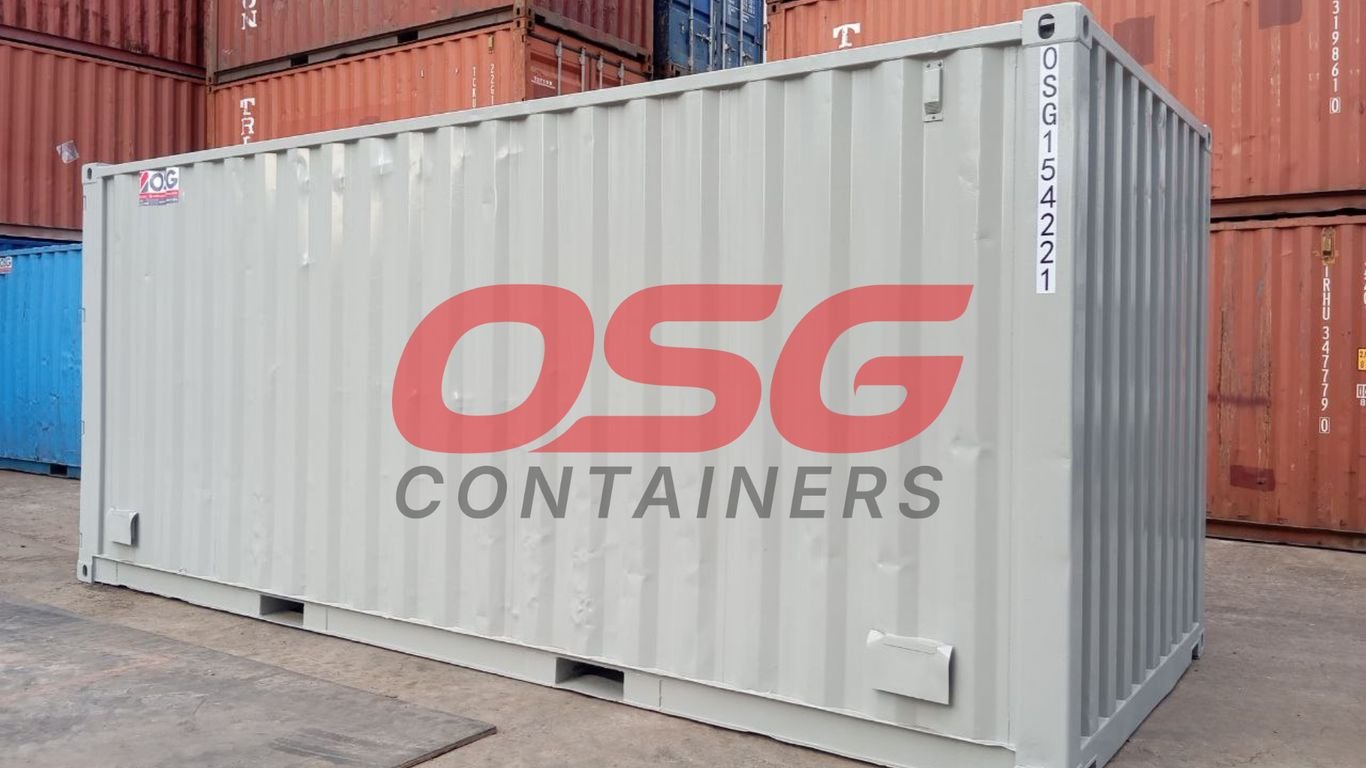 A light gray shipping container with OSG logo and text.