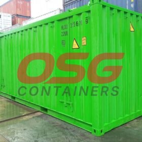 A bright green shipping container with OSG logo on it.